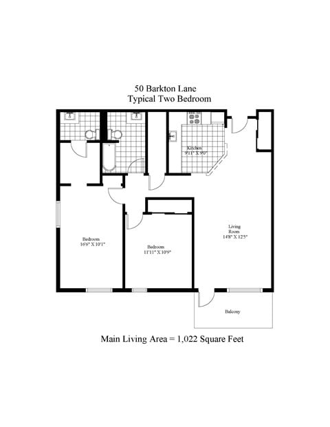 Floor plan for 2 beds, 2 baths, 1022 sqft